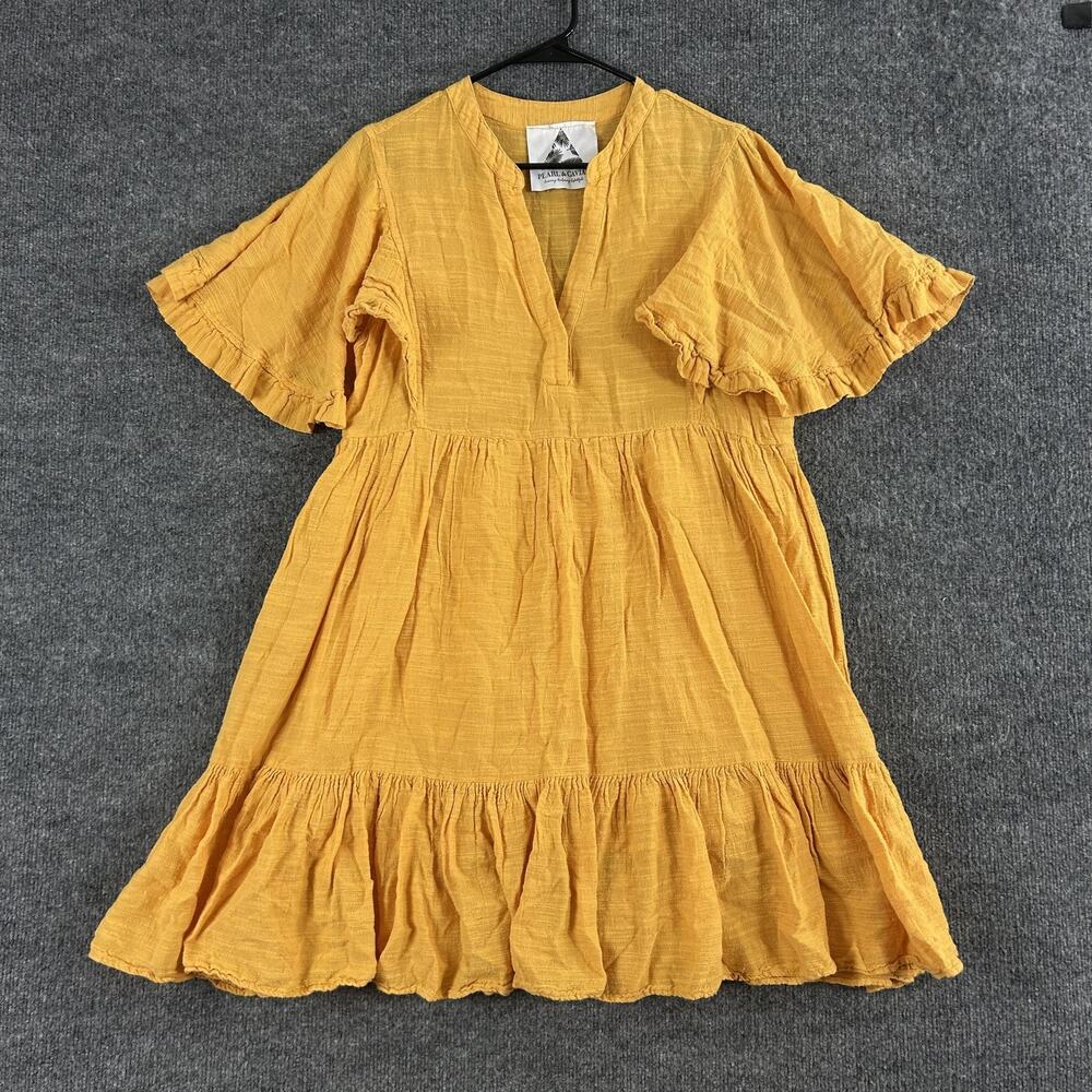 Pearl & Caviar Dress M/L Ruffle Flutter Sleeve Mini Sundress Yellow Boho Resort